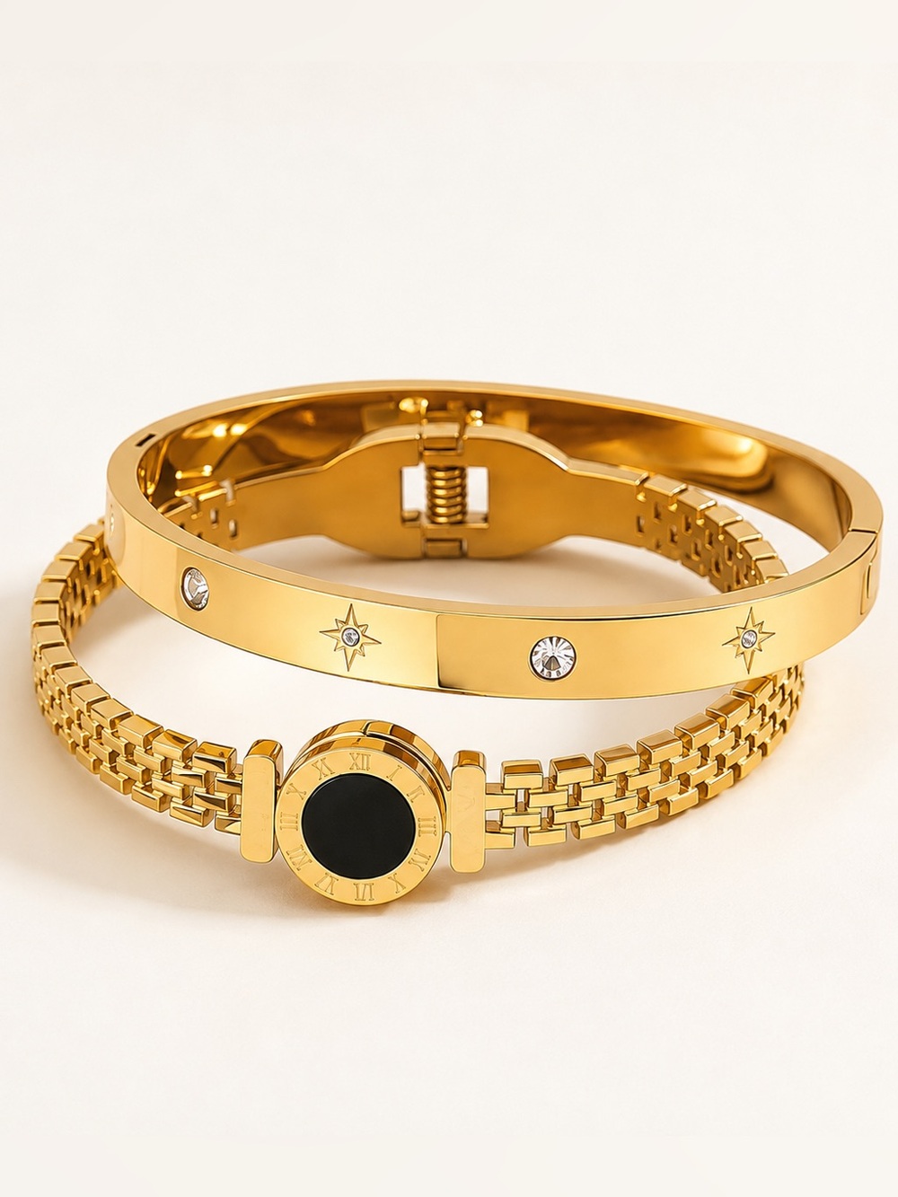 Luxury Gold Roman Numeral Black Onyx & Crystal Starburst Bangles Bracelet Set